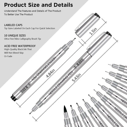 Micro-Pen Fineliner Ink Pens, 10 Size Black Micro Fine Point Drawing Pens Waterproof Archival Ink Multiliner Pens for Artist Illustration, Sketching, Technical Drawing, Anime, Manga