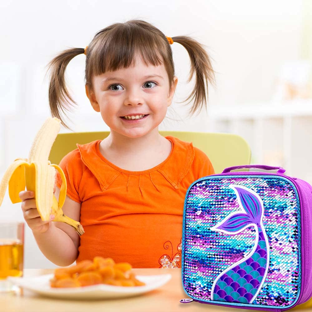 3PCS Kids Backpacks for Girls, 16" Little Kid Mermaid Sequin Preschool School Bookbag and Lunch Box