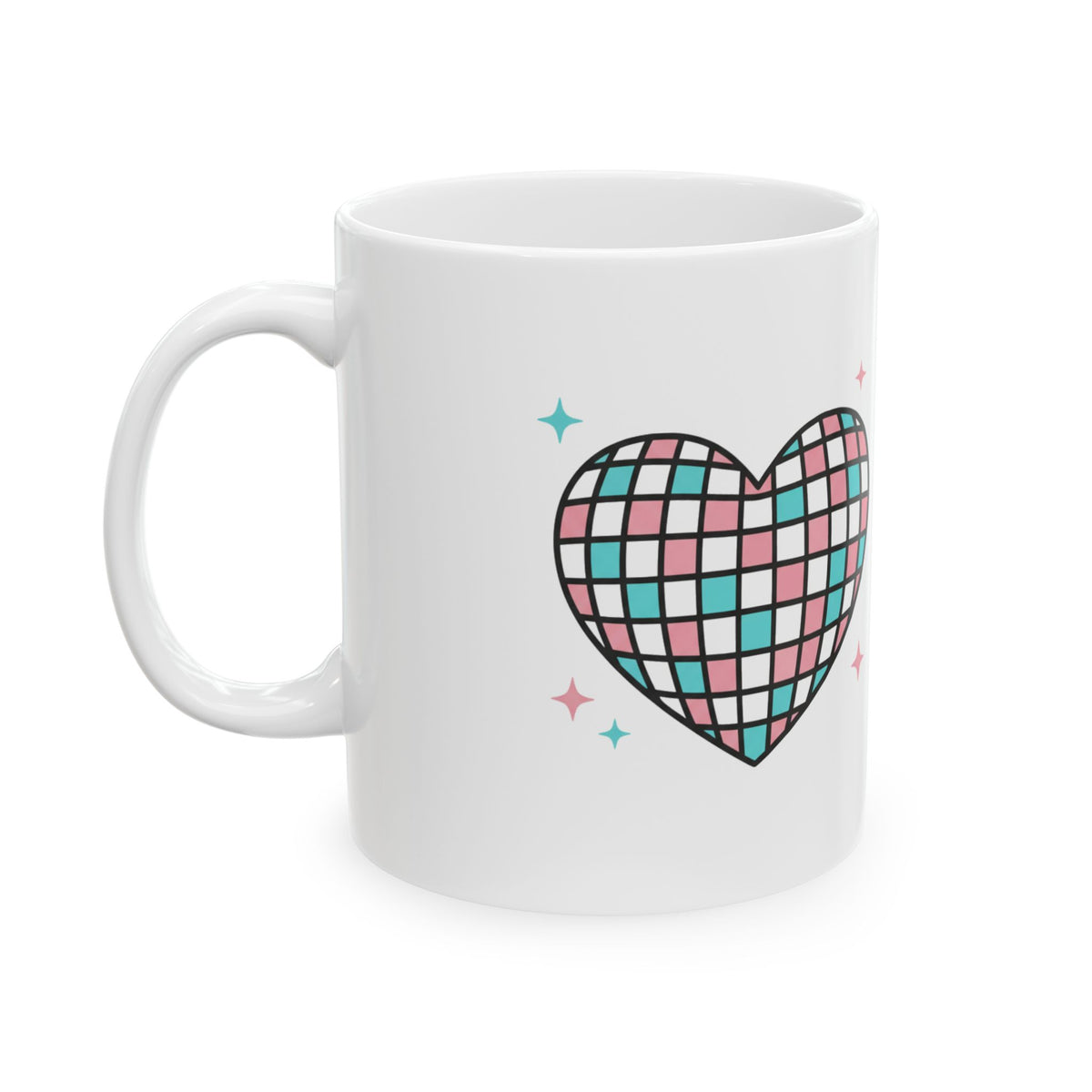 Disco Ball Heart Mug | 11oz Ceramic Coffee Cup, Sparkly Aesthetic | Galentine’s & Valentine Gift for Friends | Y2K Retro