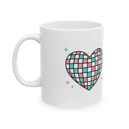 Disco Ball Heart Mug | 11oz Ceramic Coffee Cup, Sparkly Aesthetic | Galentine’s & Valentine Gift for Friends | Y2K Retro