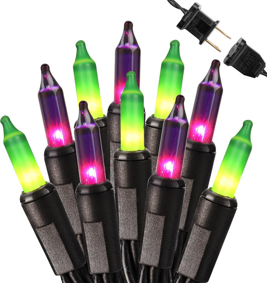 Waterproof Purple & Green Halloween Lights, 100 Count Incandescent Mini String Lights, UL Listed for Indoor Outdoor Use