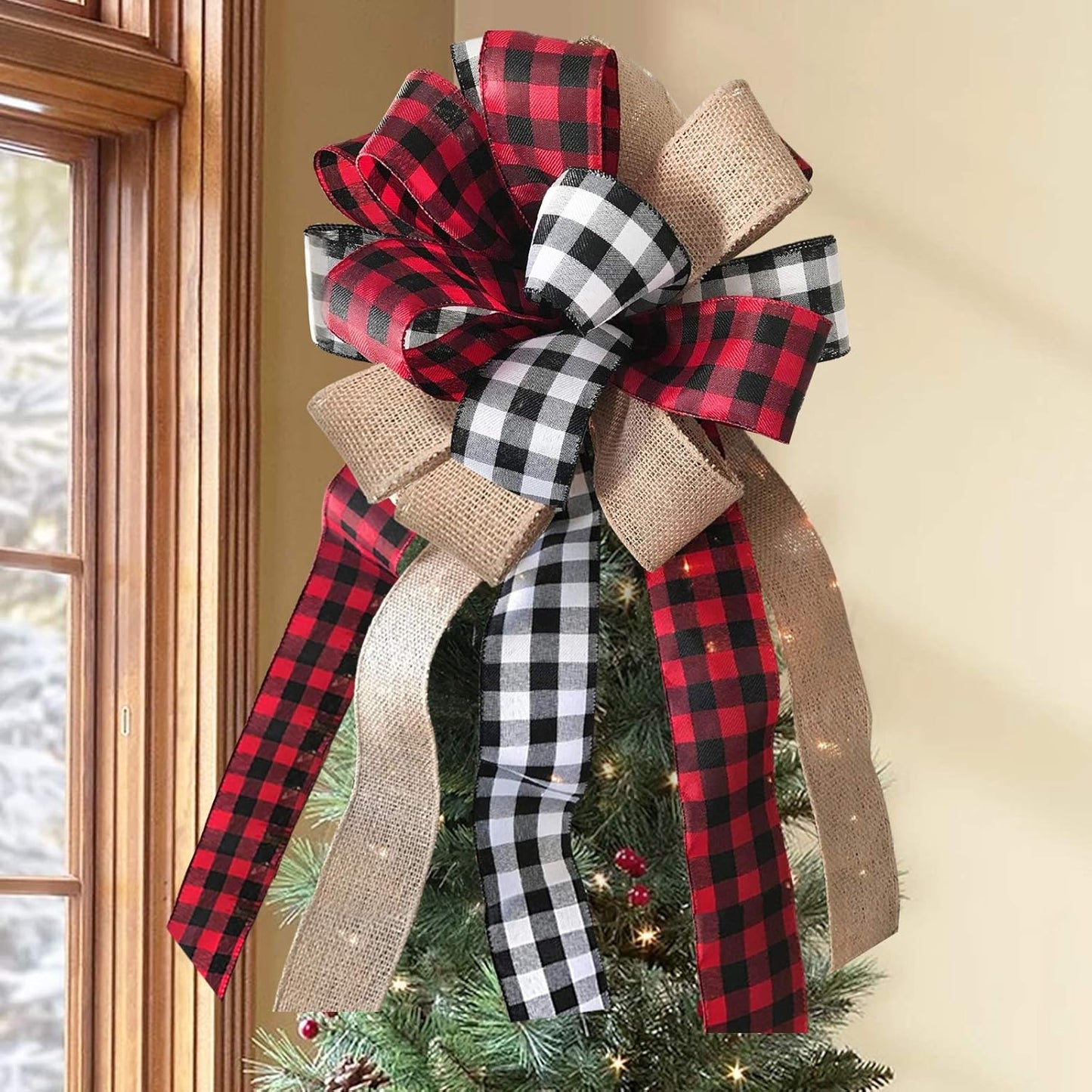 Christmas Tree Topper - Buffalo Plaid Red Black Burlap Decorative Bow - Rustic Farmhouse Xmas Decorations Home Decor - Handmade