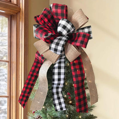 Christmas Tree Topper - Buffalo Plaid Red Black Burlap Decorative Bow - Rustic Farmhouse Xmas Decorations Home Decor - Handmade