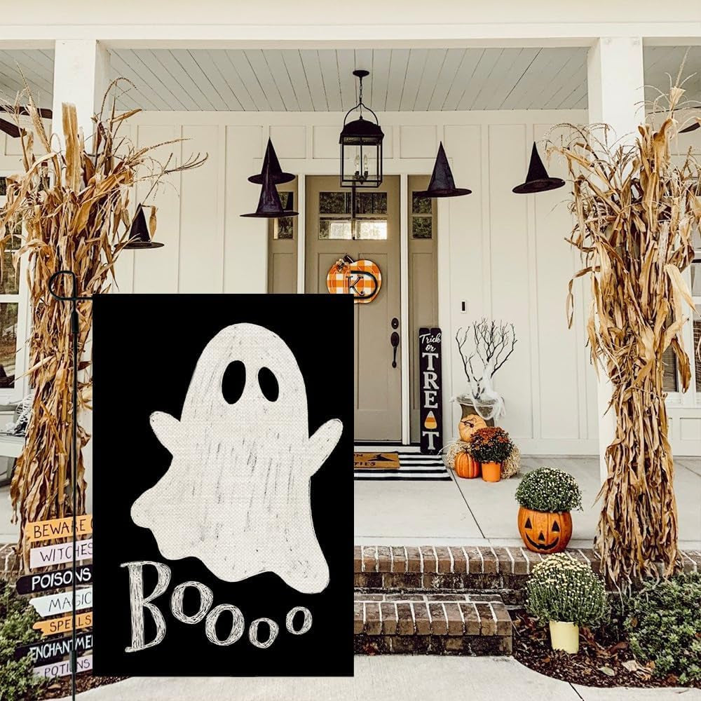 Halloween Ghost House Flag 28X40 Inch Double Sided Large Burlap for outside Welcome Boo Black Holiday Yard Flag CF1079-40