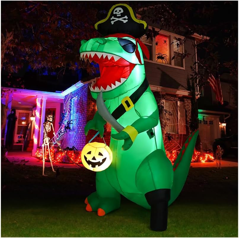 7 FT Halloween Inflatables Dinosaur Outdoor Decorations Blow up Yard Pirate Dinosaur with Pumpkin Decoration with Built-In Leds for Indoor Party Garden Lawn Decor