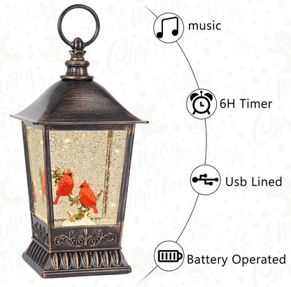 Cardinal Christmas Snow Globe, 11 Inch Musical Snow Globe Lantern, 6H Timer Lighted Christmas Snow Lantern, USB and Battery Operated Lantern, Christmas Decoration for Holiday Season Home Decor.