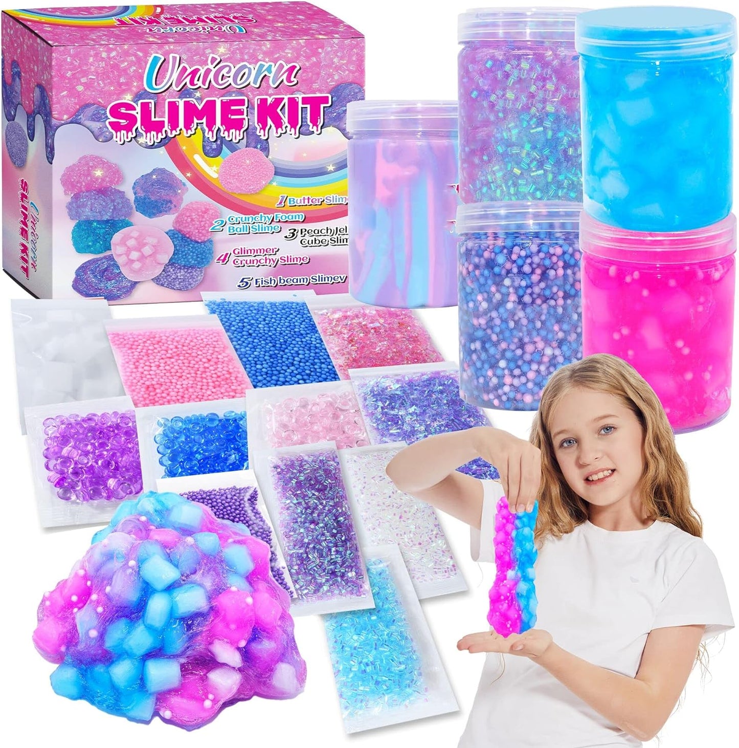 Unicorn Slime Kit for Girls 4-12,Supplies Makes Butter Slime,Candy Confetti Slime,Glimmer, Foam Jelly Cubes Slime Party Favors for Kids