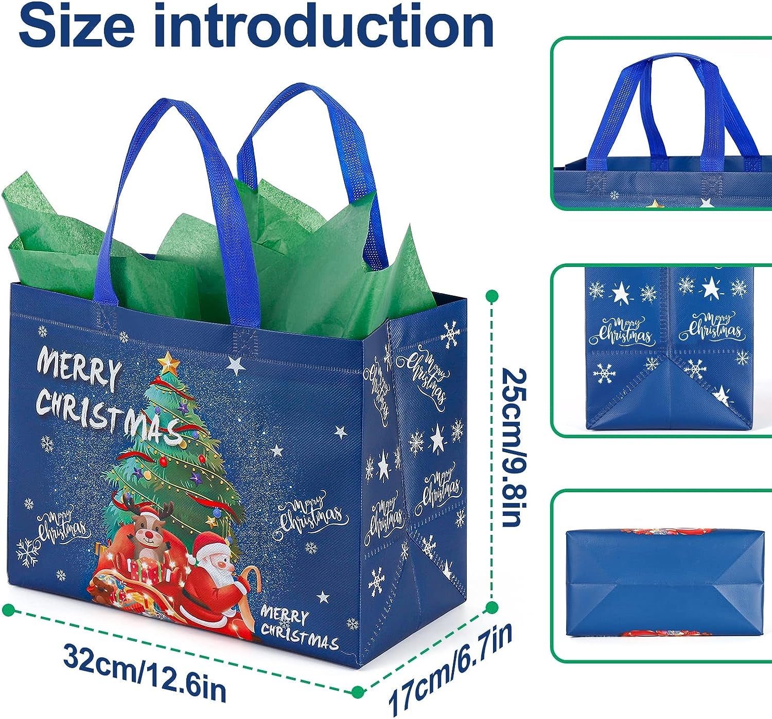 12 Pack Large Christmas Gift Bag Reusable Tote Bags with Handle, Non-Woven Christmas Bag for Holiday Xmas Event Party