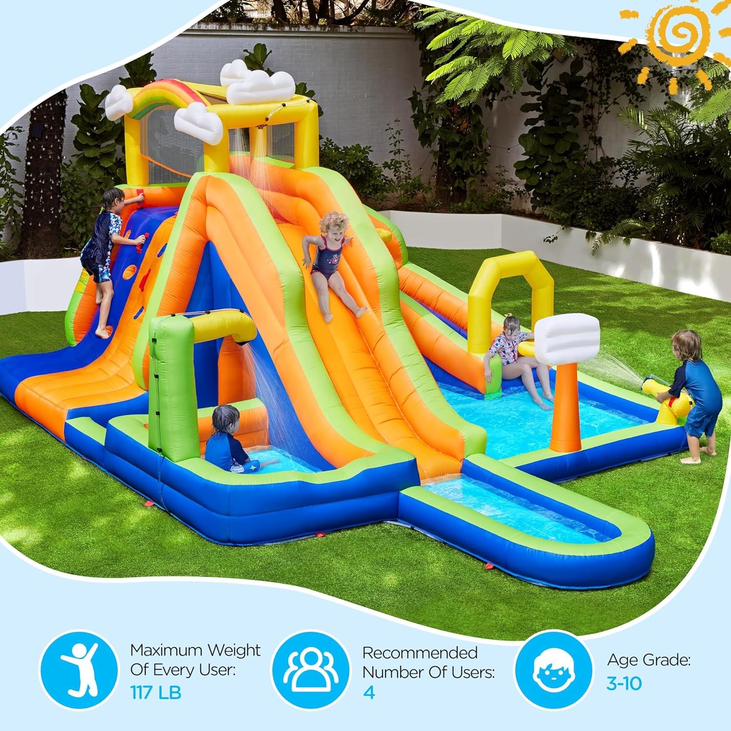 Inflatable Water Slide, 10-In-1 Rainbow & Clouds Style Water Slide Combo W/ 2 Pools & Large Climbing Wall & Tunnel, Double Lane Water Slide for Kids Aged 3-10 W/Storage Bag & 650W Blower