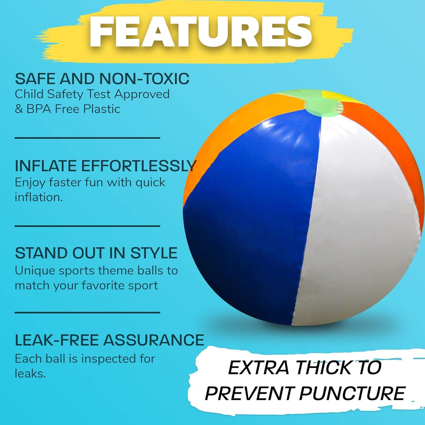 Large Beach Ball for Kids or Adults - Easy to Inflate and Durable Material to Last for Years of Fun - Comes in 3 Colors - Great Gift Idea for Boys & Girls All Ages - Also Best Pool Party Decoration Toy