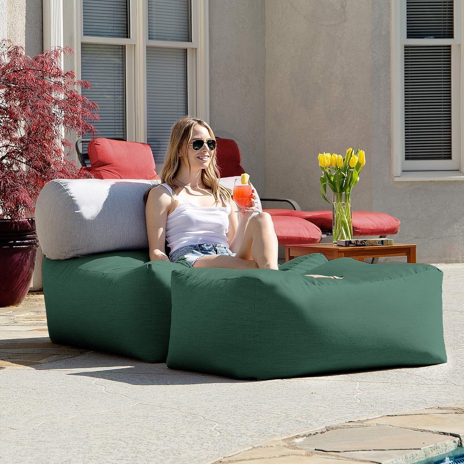 Tybee Large Outdoor Lounge W/Bolster & Ottoman - Sunbrella Breeze