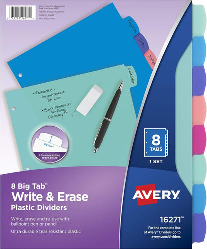 Durable Plastic 8-Tab Write & Erase Big Tab Dividers for 3 Ring Binders, Pastel Brights (16271)