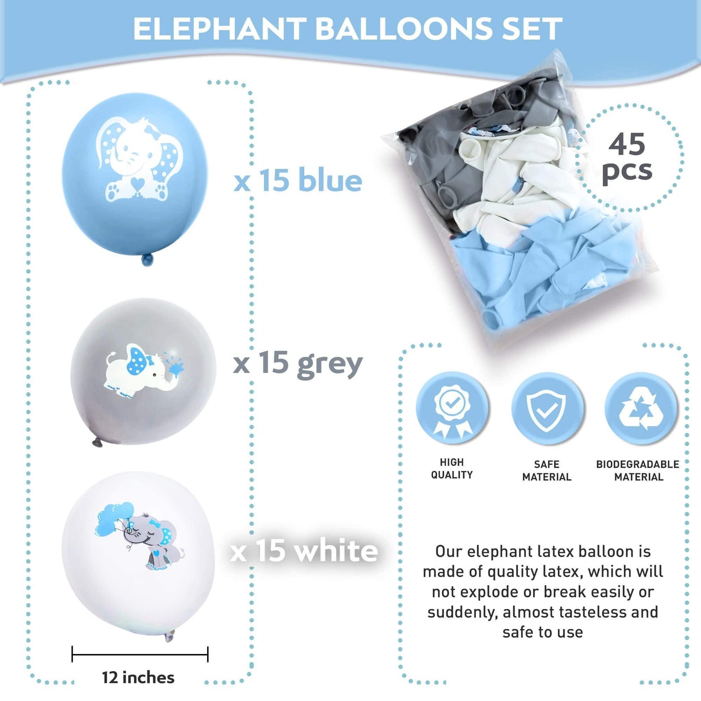 12 Inch Elephant Party Décor Balloons – 45 Pcs Latex Balloons – Thick and