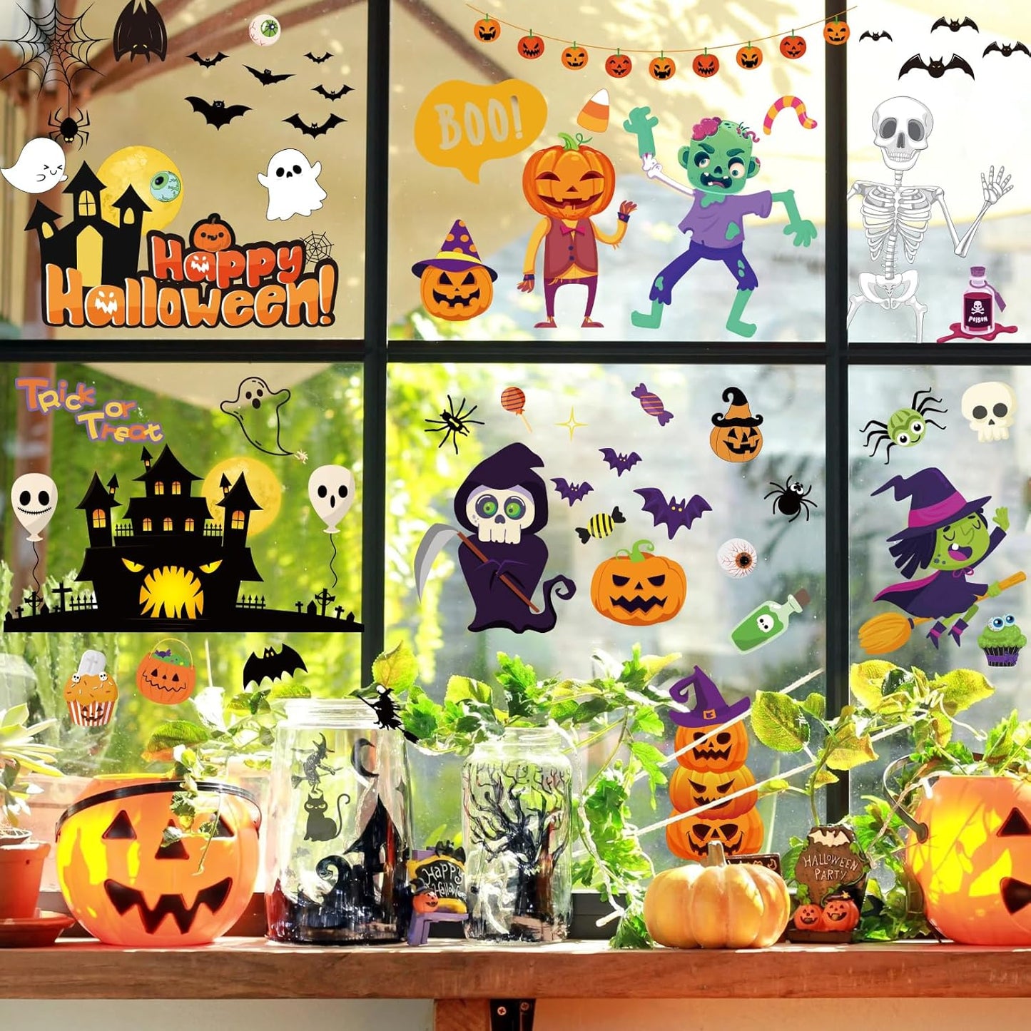 Halloween Decorations 743 PCS Halloween Window Clings, 10 Sheets Cute Halloween Window Decorations, Large Halloween Window Stickers Double-Sided Removable Window Decals, for Kids Party Decorations