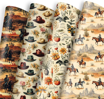 Western Birthday Wrapping Paper for Men 8Pcs - Cowboy Wrapping Paper with Desert Greenery Pattern for Baby Shower Birthday Wedding Spring Summer Horse Racing Party(19.6 X27.8Inch)