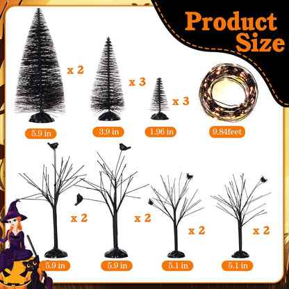 17 Pcs Halloween Village Accessories Set 8 Halloween Black Pine 8 Bare Branch Trees with 9.84 Ft Led Orange Light Battery Operated Village Tabletop Displays Spooky Tree for Halloween Party Table Decor