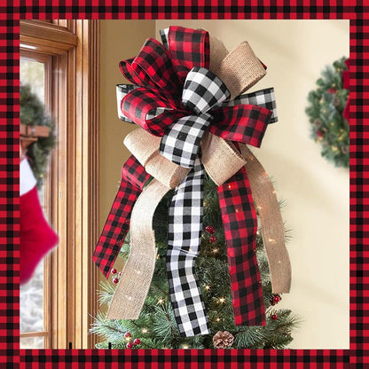 Christmas Tree Topper - Buffalo Plaid Red Black Burlap Decorative Bow - Rustic Farmhouse Xmas Decorations Home Decor - Handmade