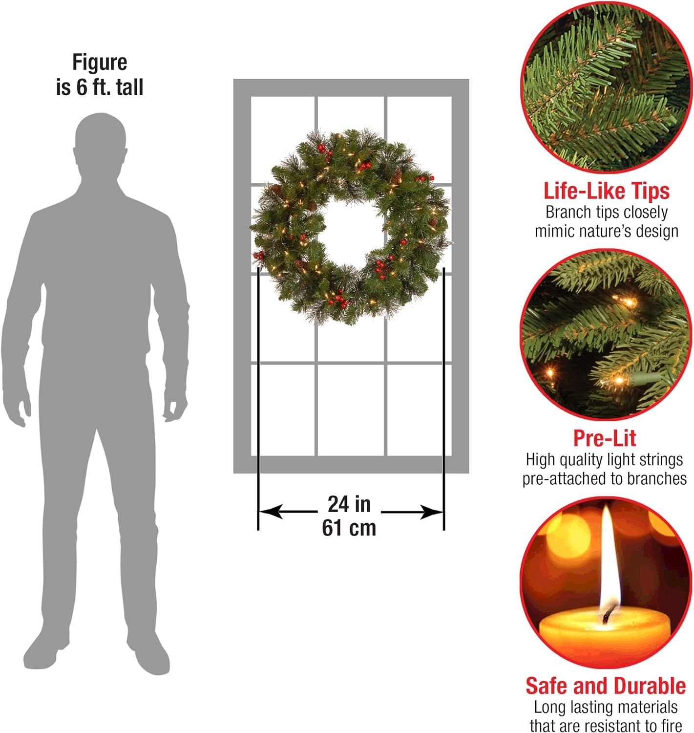 30 Inch Crestwood Spruce Wreath with Silver Bristles, Cones, Berries and 50 Battery Operated Warm White LED Lights with Timer (CW7-309L-30W-B1), 30 In, Green, Red