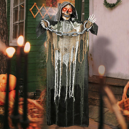 67" Halloween Decorations Outdoor Life Size Animatronics Grim Reaper with Chain, Sound-Actived Halloween Party Decoration with Creepy Sound, Scary Haunted House Props for Garden Yard Lawn