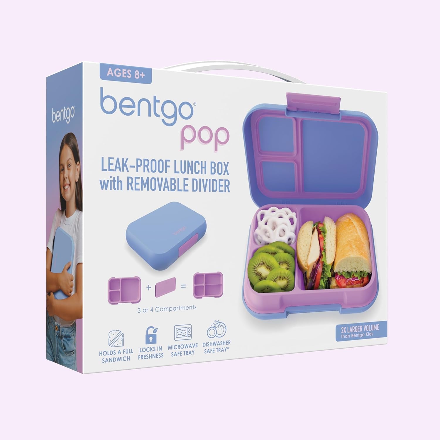 ® Pop - Leak-Proof Lunch Box & Removable Divider for Ages 8+ & Teens - Lunch Container Holds 5 Cups of Food; 3-4 Compartments; Microwave/Dishwasher Safe; 2 Year Warranty (Periwinkle/Pink)