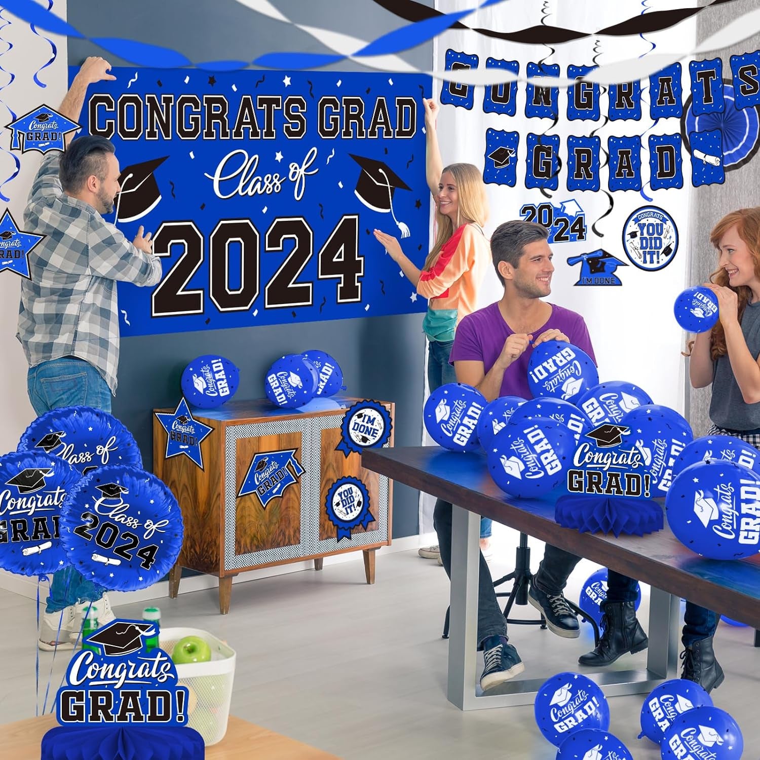 Blue Themed 2024 Graduation Decorations Set - Congrats Grad Banner, Class of 2024 Backdrop, Balloons & Streamers Kit - Complete Party Supplies for High School & College Celebrations