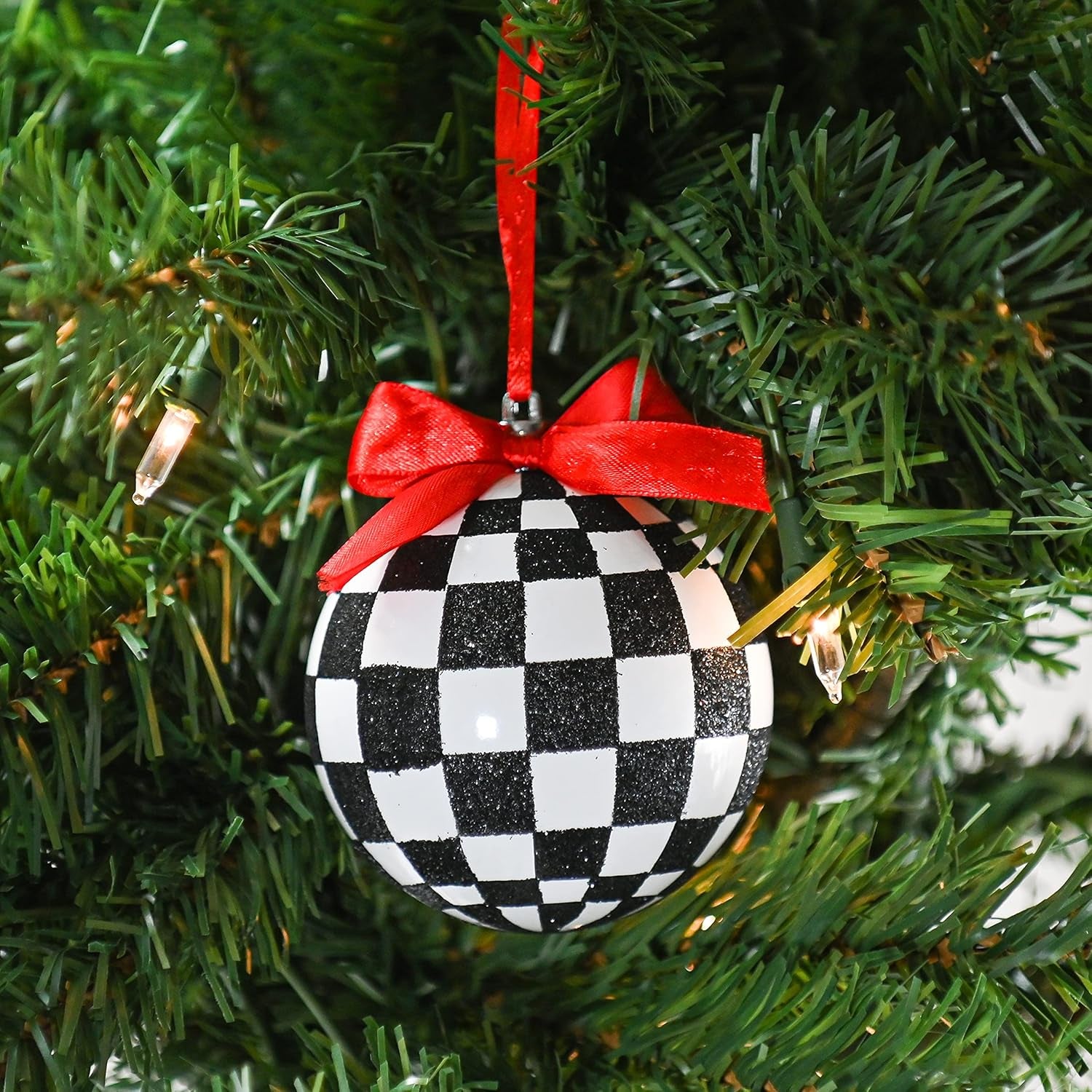 Black and White Ornaments - Glittered Black and White Checkered Ball Checked Ornament with Red Bow, Glitter, and String Christmas Tree Xmas Decoration Set - 3.5" Pack of 12