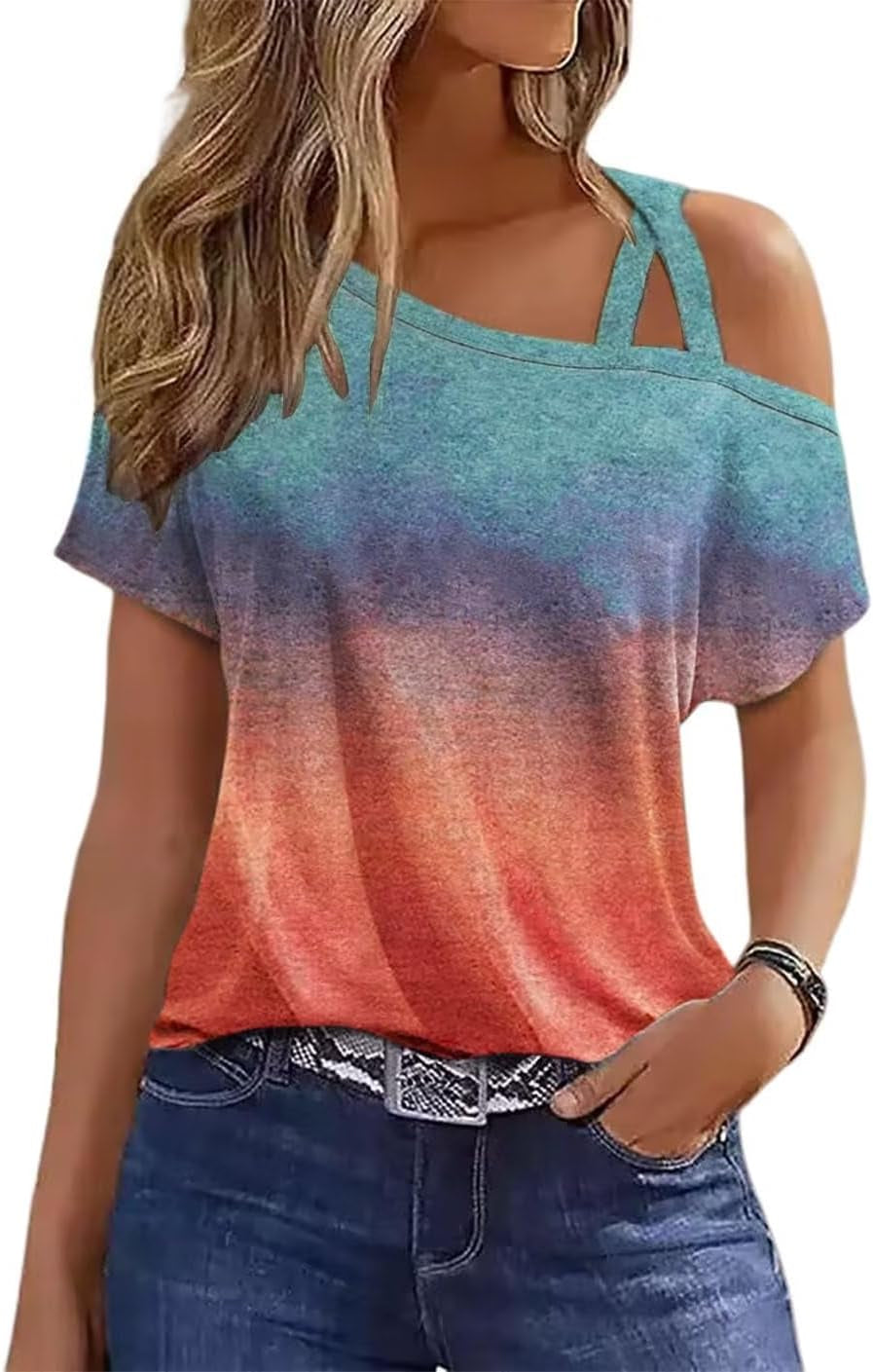 Criss-Cross One Shoulder Tops Sexy Cold Shoulder Shirts Summer Short Sleeve T-Shirts Vacation Loose Casual Tees