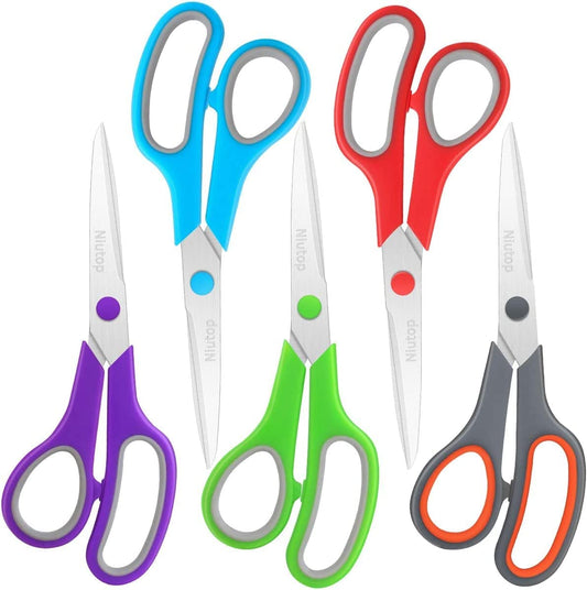 Scissors Bulk Set of 5-Pack,  8" Multipurpose Sharp Sewing Craft Fabric Scissors for Office Home High/Middle School Student Office Teacher Art Supplies, Soft Comfort-Grip Right/Left Handles