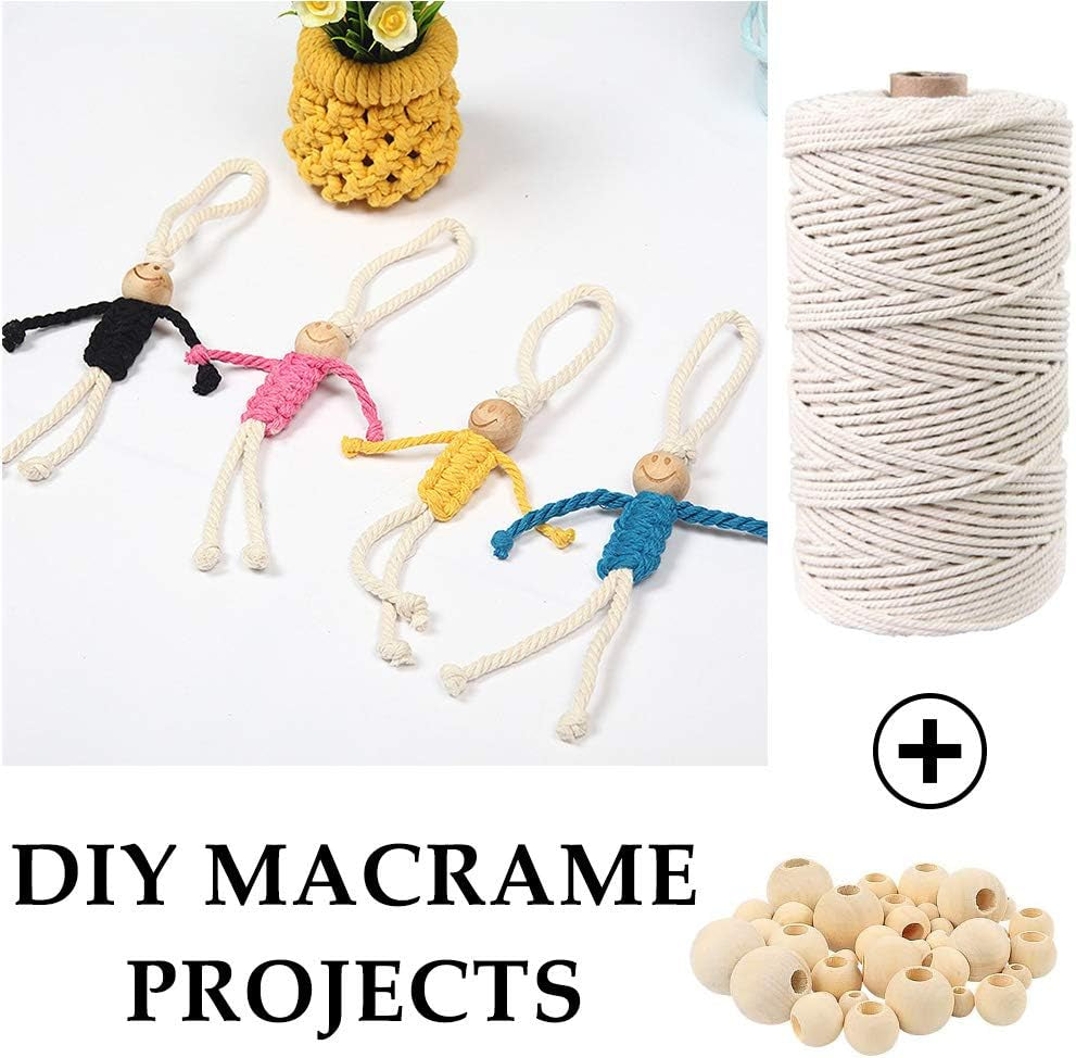 120Pcs Macrame Kits for Beginners 3Mm X 109Yards Natural Cotton Macrame Cord with Wooden Beads & Rings,Wooden Sticks,Metal Rings Macrame Supplies Best for Macrame Plant Hanger