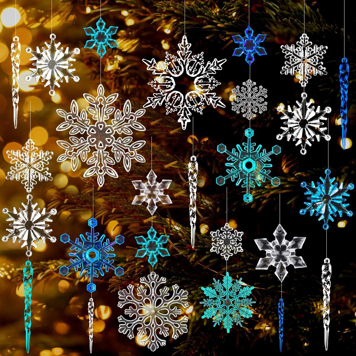 56PCS Christmas Snowflakes Crystal Decorations Winter Blue Snowflakes Christmas Tree Icicle Drops Ornaments Hanging Chandelier Pendants Beads for Xmas Winter New Year Wedding Party Decor