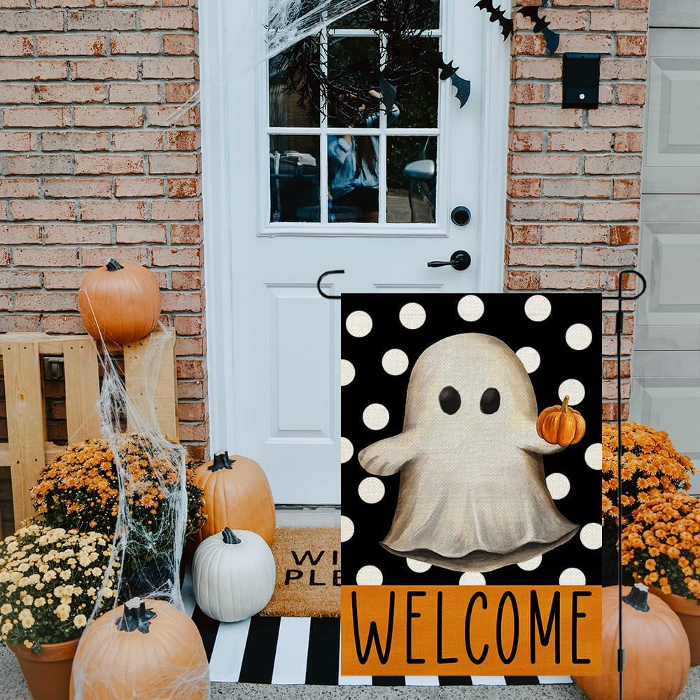 Halloween Ghost Garden Flag 12X18 Inch Double Sided Small Burlap for outside Polka Dots Welcome Holiday Yard Decoration CF1066-12