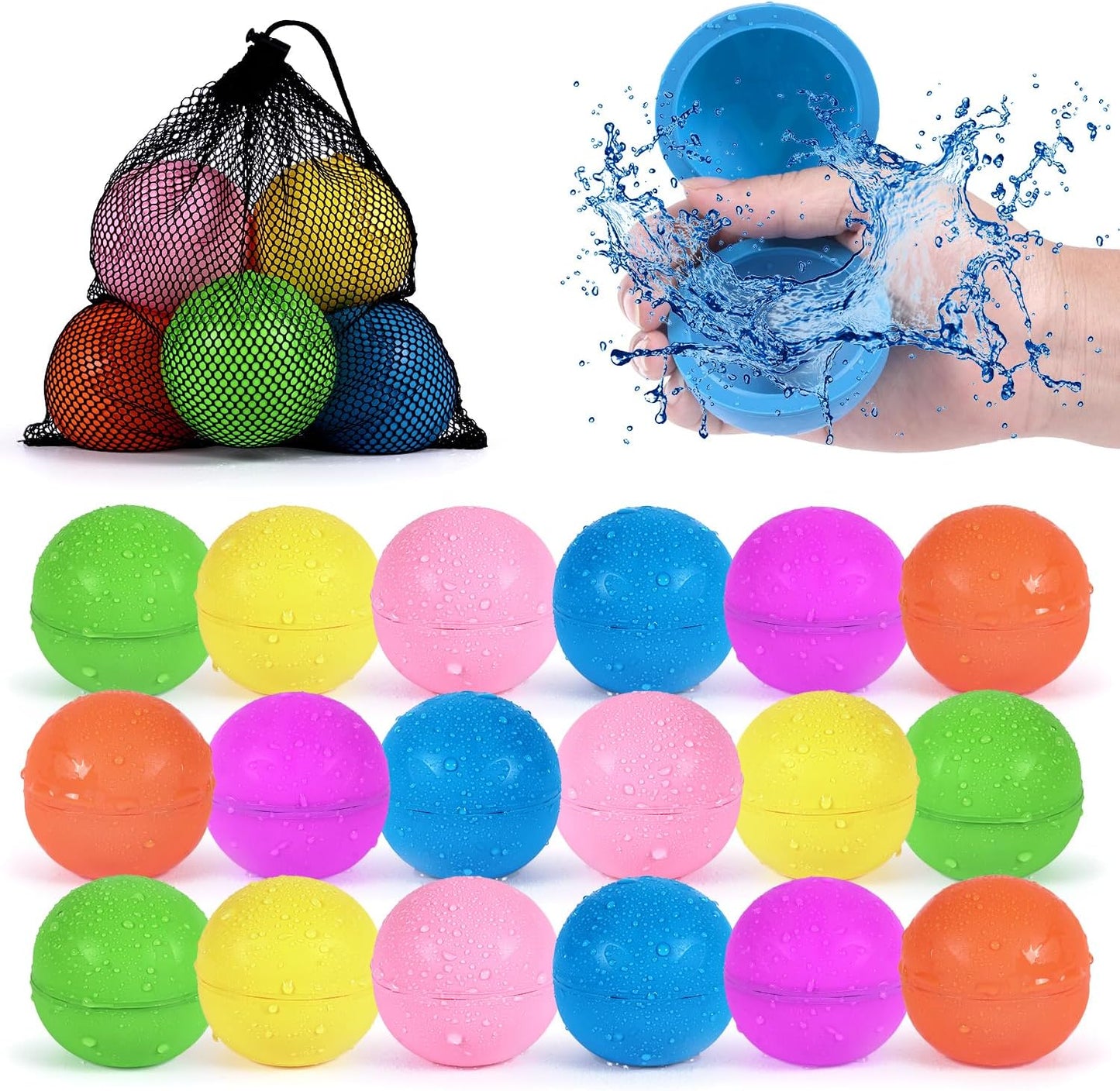 Reusable Water Balloons 12Pcs with Mesh Bag, Self Sealing Silicone Ball Latex-Free, No Clean Hassle, Easy to Fill, Summer Toys Water Toy Swimming Pool Beach Park Yard Outdoor Games Party Supplies