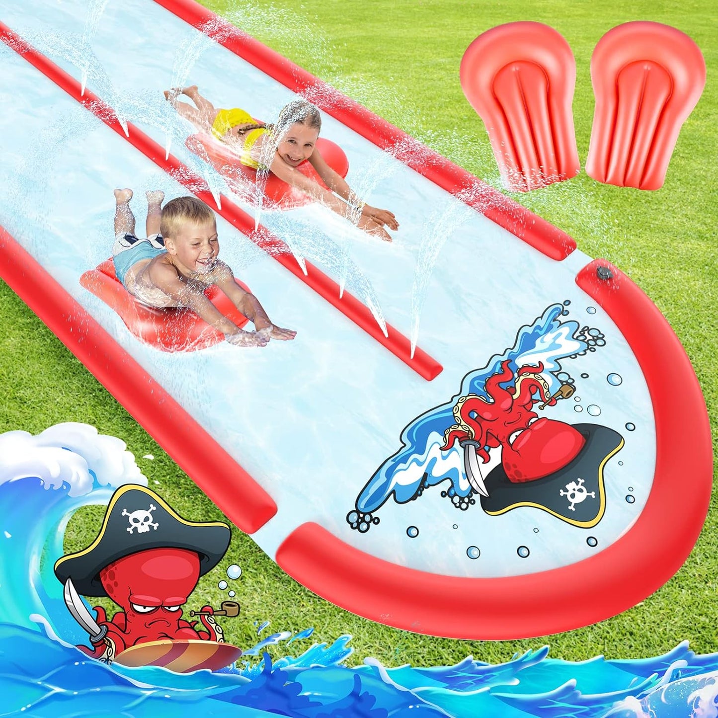 Slip and Slide Lawn Water Slide with 2 Bodyboards, 20FT Slip N Slide Heavy Duty Double Lane for Kids Backyard Games with Sprinkler, Summer Outdoor Water Toys outside Play for Kids and Adults