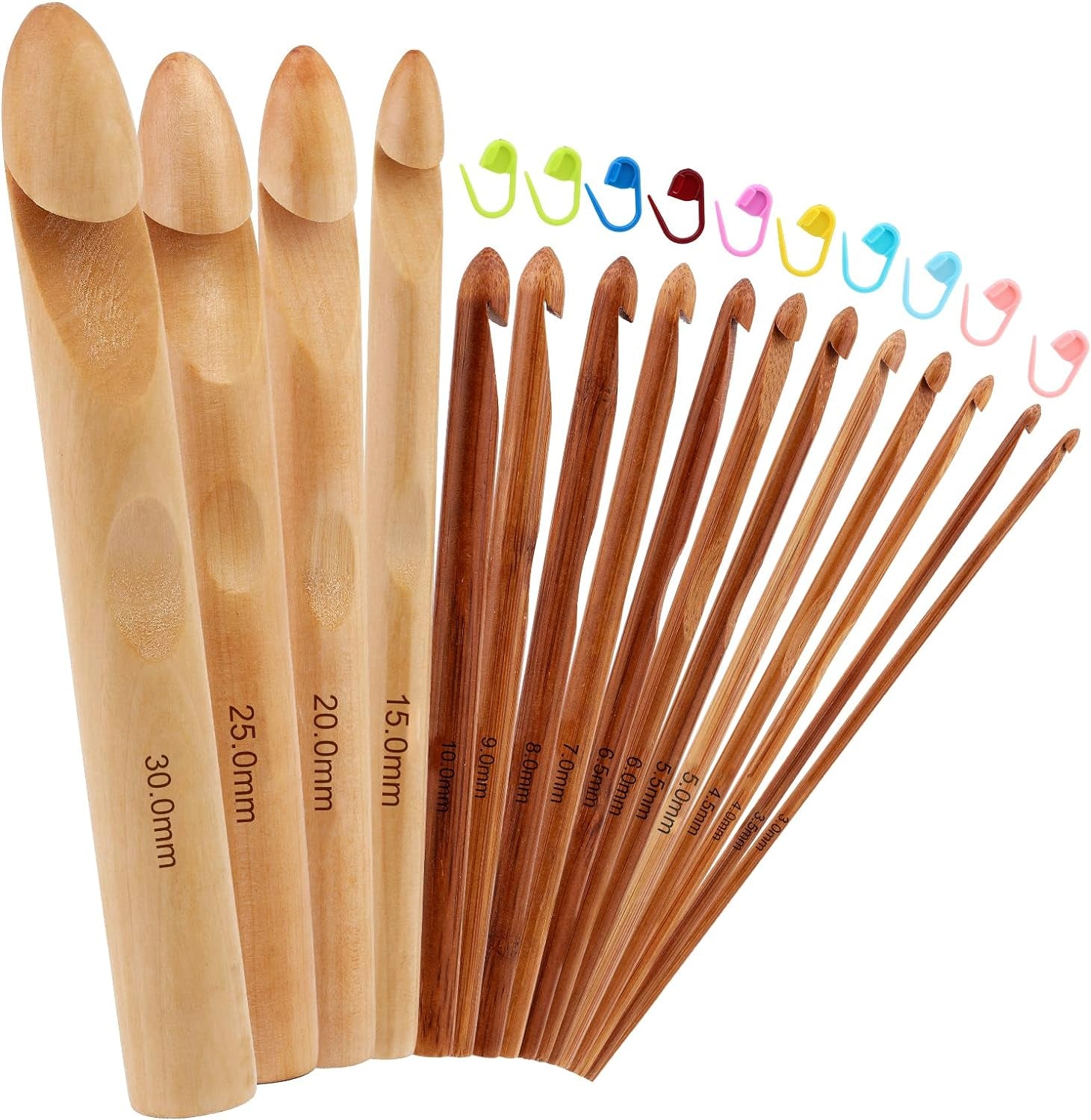 16 Pieces Wooden Crochet Hooks, 3 to 30 Mm in Diameters Handle Crochet Hook Knitting Crochet Needles with 10 Pcs Knitting Stitch Markers for Handcraft Crocheting