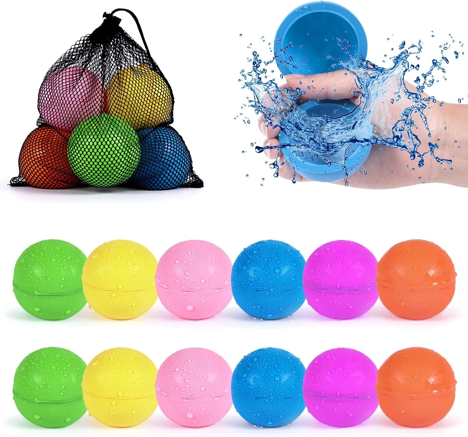 Reusable Water Balloons 12Pcs with Mesh Bag, Self Sealing Silicone Ball Latex-Free, No Clean Hassle, Easy to Fill, Summer Toys Water Toy Swimming Pool Beach Park Yard Outdoor Games Party Supplies