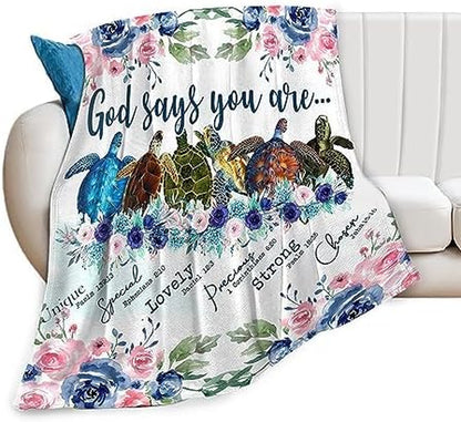 Sea Turtle Blanket Soft Cozy Christian Turtle Floral Throw Blankets Sea Turtle Decor Fleece Plush Bedding Blanket Turtle Gifts for Women Girls Kids Adults Bed 60"X80"