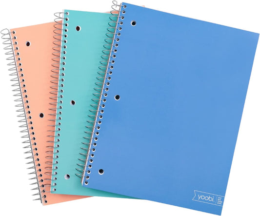 College Ruled 8 X 10.5” Spiral Notebook Set – Bulk 3-Pack of 3 Subject Notebooks, Blue, Mint Green & Blush Pink Colors – 150 Perforated, 3-Hole Punched Sheets, for School, Office & Home