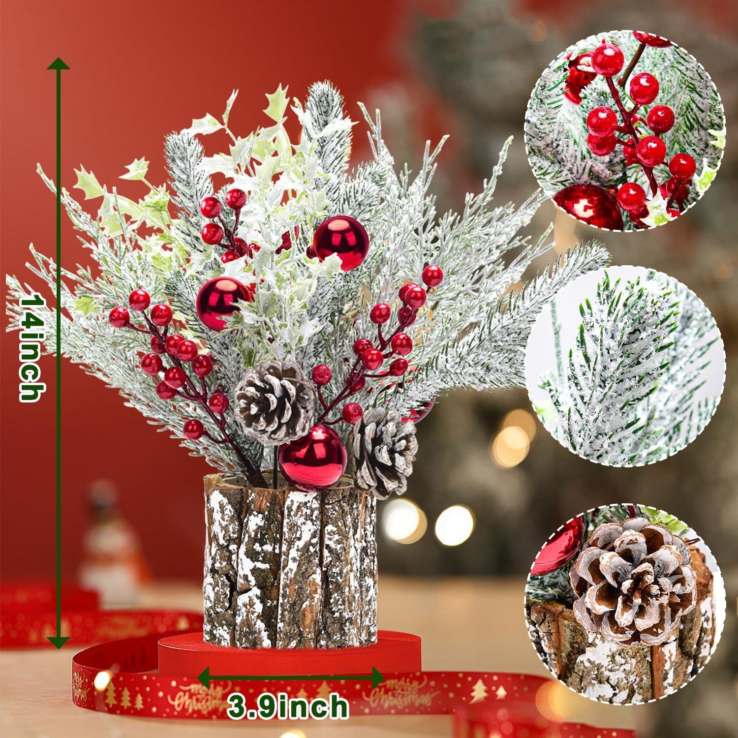 2 Pack Christmas Table Decorations, 14 Inch Christmas Centerpiece Small Potted Christmas Tree with Lights, Pine Cones and Berries, Xmas Artificial Plants for Tables, Home, Mantel Holiday Decor