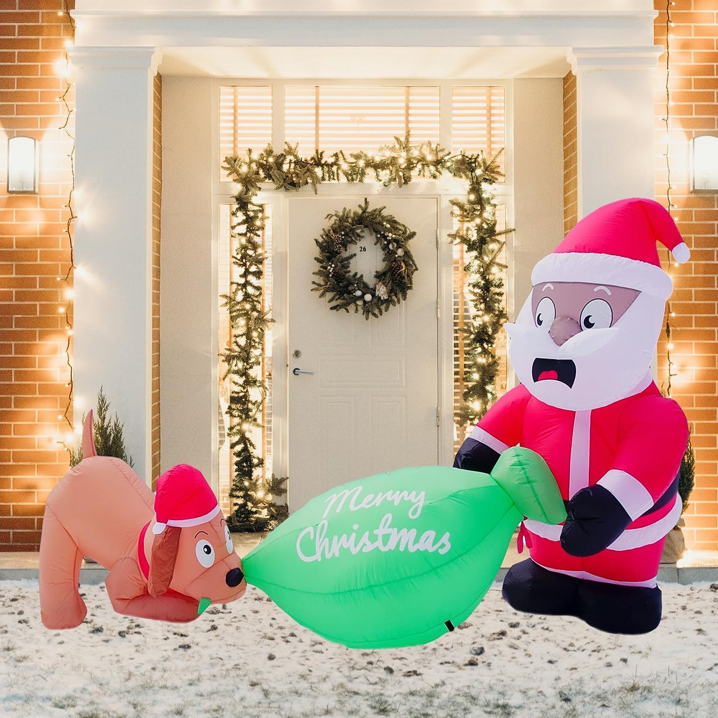 Christmas Inflatables Outdoor Decoration 8.5 FT Santa Claus & Dog Is Biting and Pulling the Santa'S Gift Bag Blow up Outdoor/Indoor/House/Yard Decor W/Led Lights & Free Storage Bag