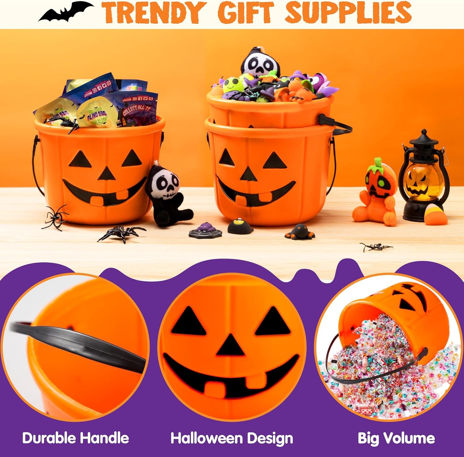 6PCS Halloween Trick or Treat Pumpkin Bucket, Jack O Lantern Candy Basket and Buckets for Trick or Treating, Orange Halloween Pails with Handle for Kids Halloween Party Favors Supplies Props