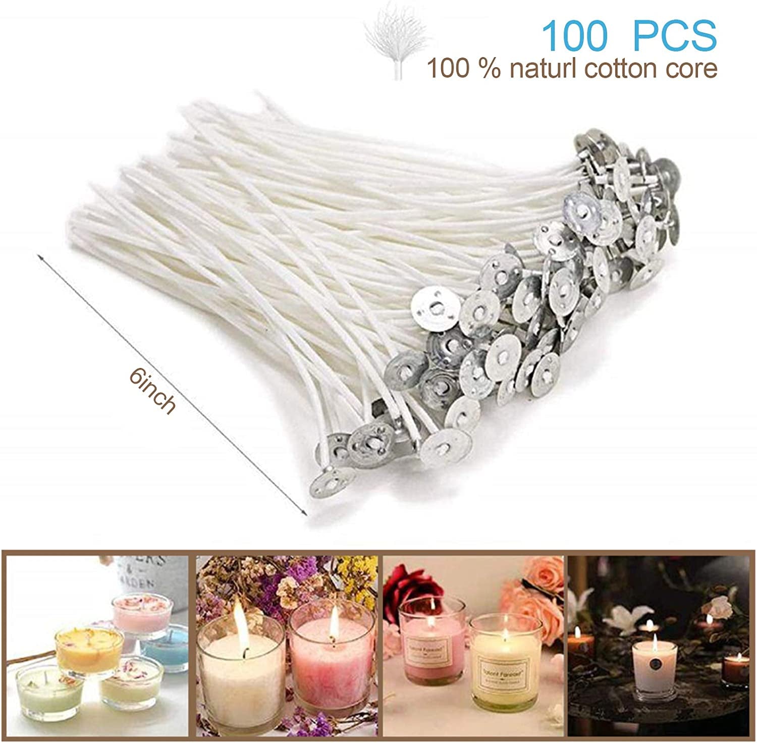 100Pcs Cotton Candle Wicks, 6 Inches Low Smoke Pre-Waxed Candle Wicks for Candle Making, Candle DIY