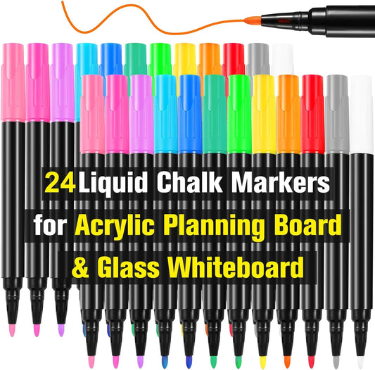 24 Liquid Chalk Markers 12 Colors for Acrylic Calendar Planning Boards Glass Dry Erase Board Whiteboard Wet Erase Markers for Window Mirror, 1Mm Fine Points, for Glass Window Halloween Painting