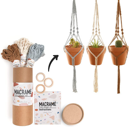 Macrame Kit, Makes 3 DIY Plant Hangers for Teens & Adult Beginners, Craft Supplies for Boho Art Project-3 Custom Color Macrame Cord, Wooden Rings & Instructions