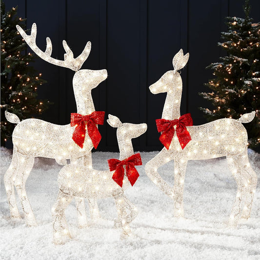 4Ft 3-Piece 2D Lighted Christmas Deer Family Set, Large Outdoor Yard Reindeer Holiday Decoration with 175 LED Lights, Stakes, Zip Ties - White