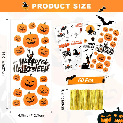 Halloween Treat Bags, Halloween Cellophane Treat Bags, 60 PCS Halloween Candy Bags, Halloween Goodie Bags with Twist Ties, 4 Styles Small Halloween Gifts Bags for Trick or Treat Party Favors Supplies