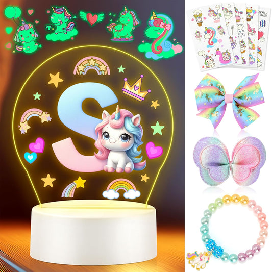 Unicorn Gifts for 3 4 5 6 7 8 Years Old Girls, Birthday Christmas Gifts for Girls Unicorn Accessories Unicorn Toys Night Light Party Favors for Girls Toddler Initial S