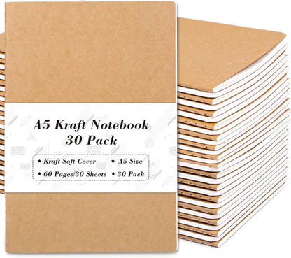 30 Pack Kraft Notebooks, A5 60 Lined Pages Notebooks and Journals for Women Girls Students Making Plans Writing Memos Office School Supplies, 8.3 X 5.5 In
