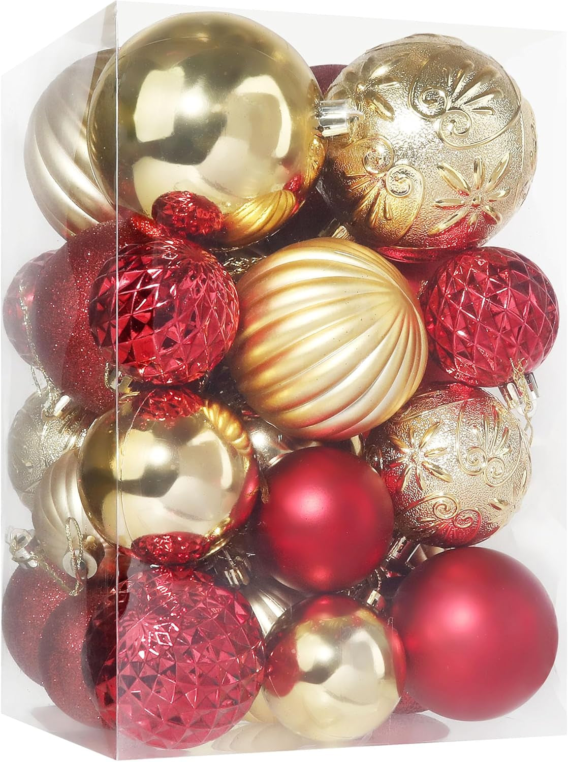 Christmas Tree Ornaments - 30 PCS Shatterproof Plastic Christmas Ball Ornaments Set for Xmas Tree, Holiday, Wreath & Party Decorations (Multi-Size, Red, Gold)