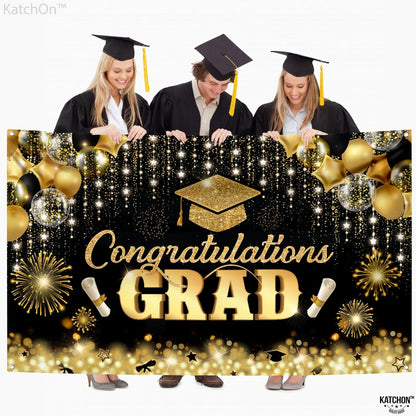 , Congratulations Grad Banner - Large, 72X44 Inch | Glitter Black and Gold Graduation Backdrop, Graduation Decorations Class of 2024 | Congratulations Banner, 2024 Graduation Party Decorations