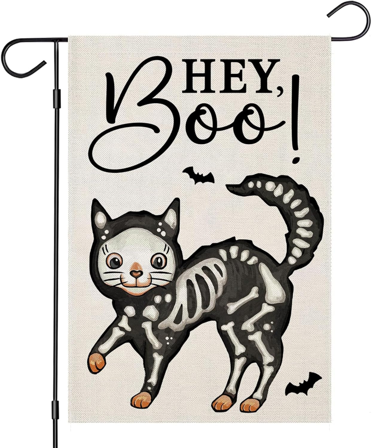 Halloween Garden Flags for outside Decoration, Spooky Boo HEY Skeleton Cat Small Yard Flag for Outdoor Seasonal Decor 12X18 Inch Vertical Double Sided